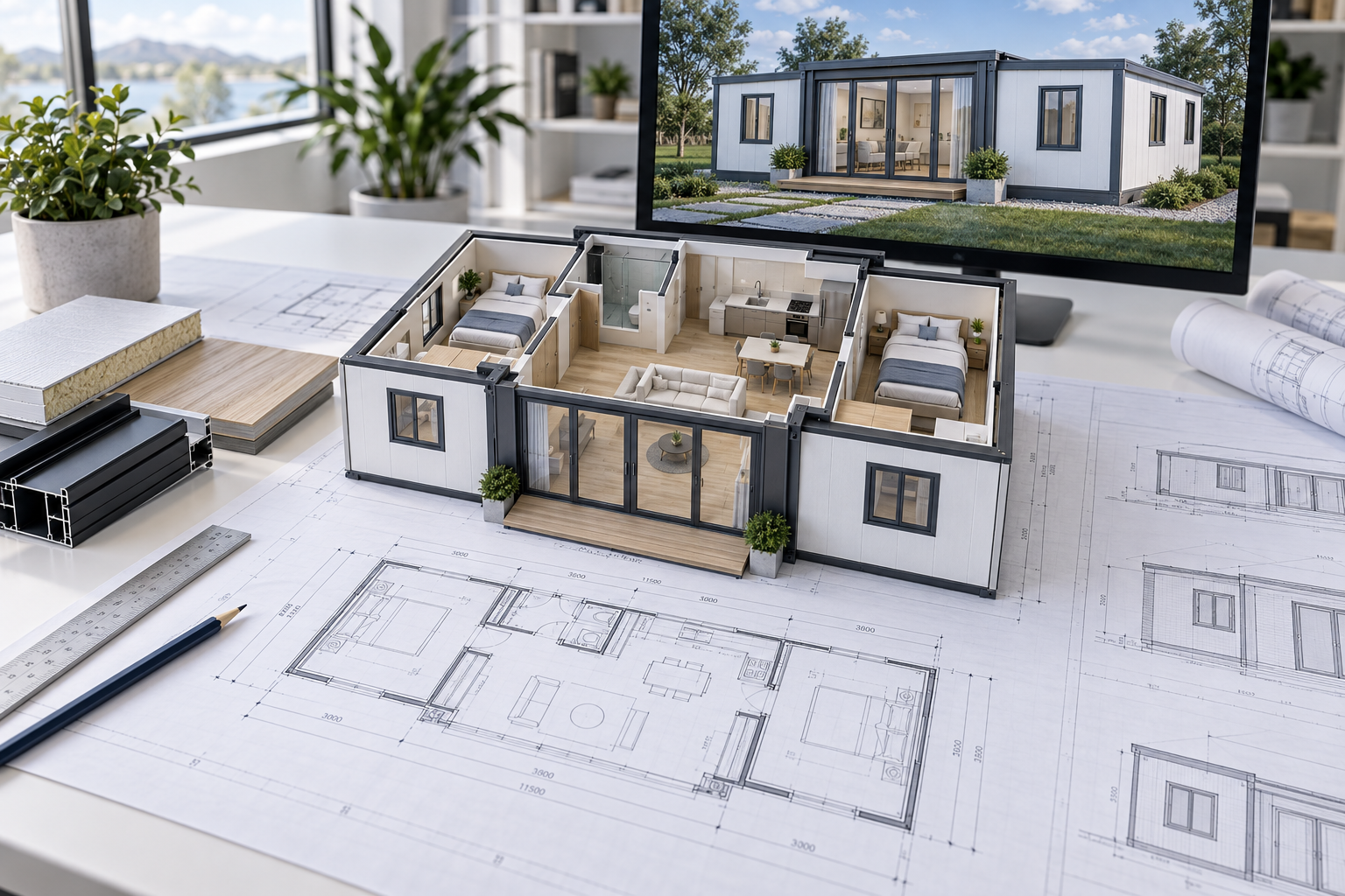 AI-generated modular house design concept showing CAD floor plans, a cutaway scale model, material samples and a 3D exterior rendering.
