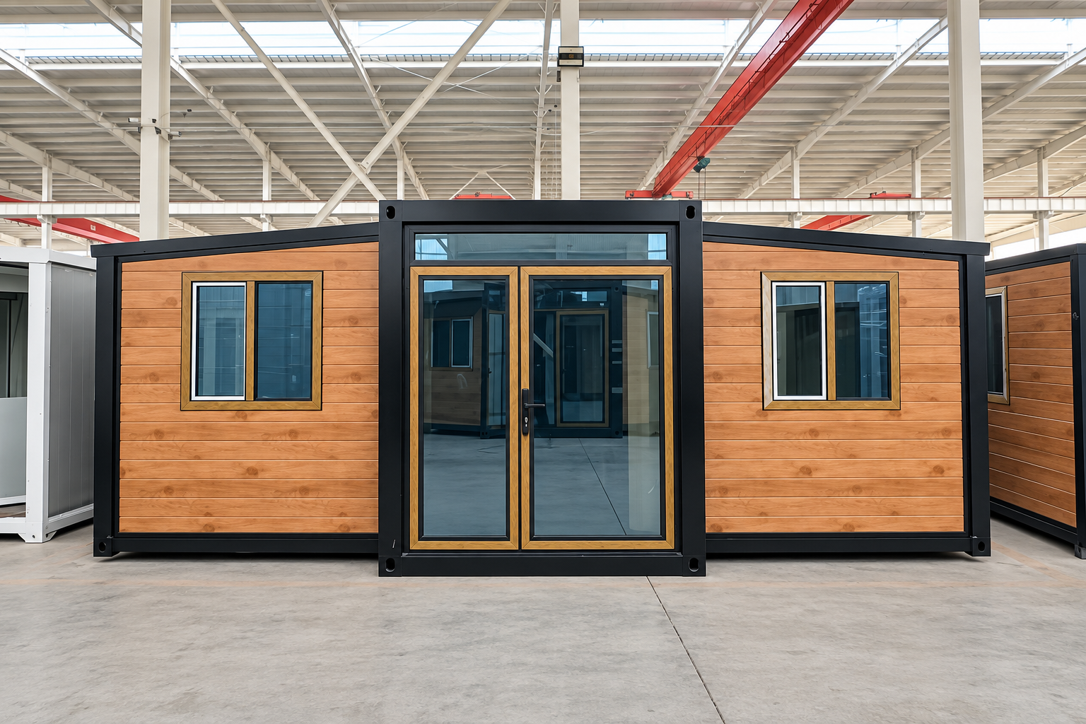 Wood-clad expandable modular house with glazed entrance and side windows