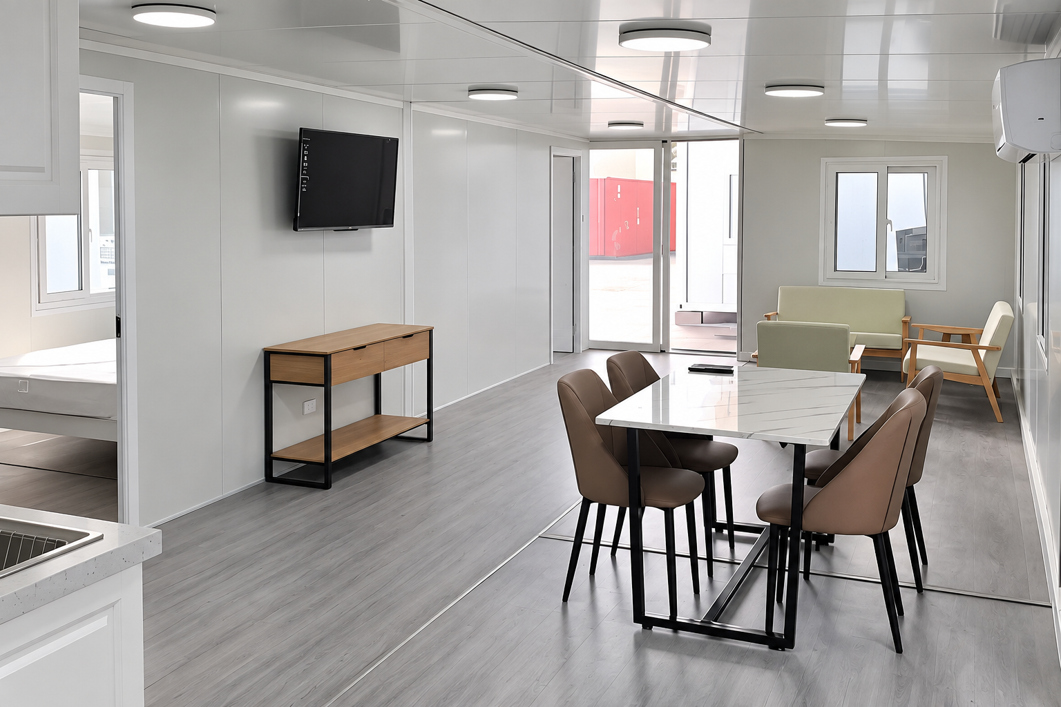 Living and dining area inside an expandable modular house